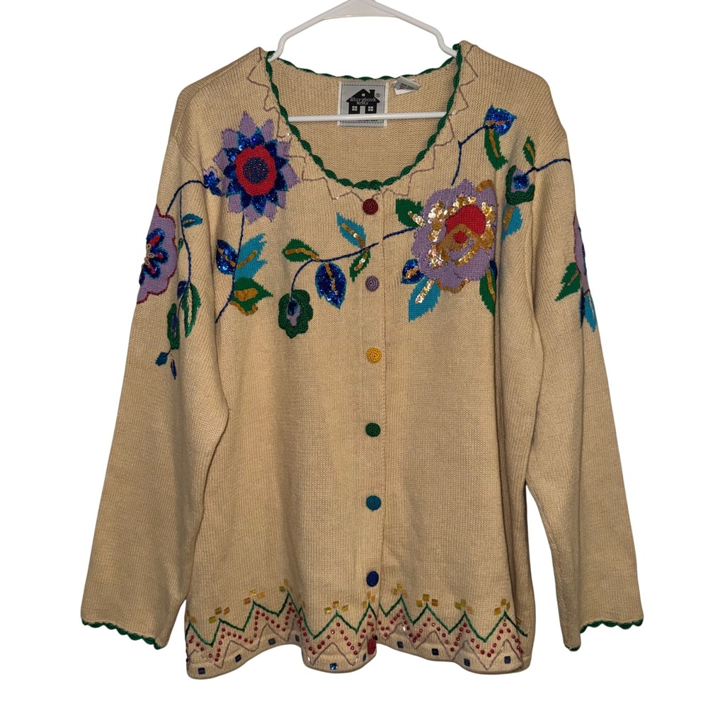 Vintage Storybook Knits Floral Sequin Ramie Cotton Cardigan Plus Size 2X